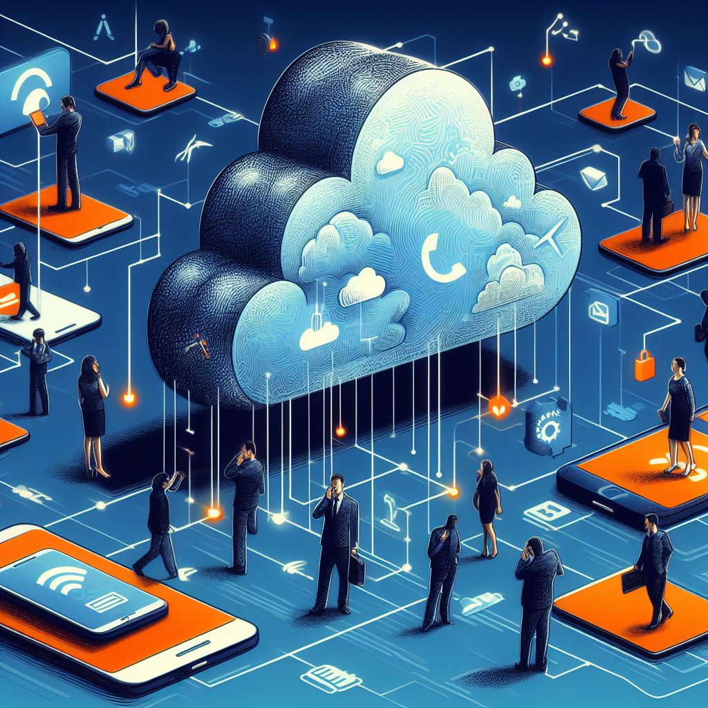 Ein blau-orangenes Bild mit digitalen Telefonen und einer großen blauen Cloud.