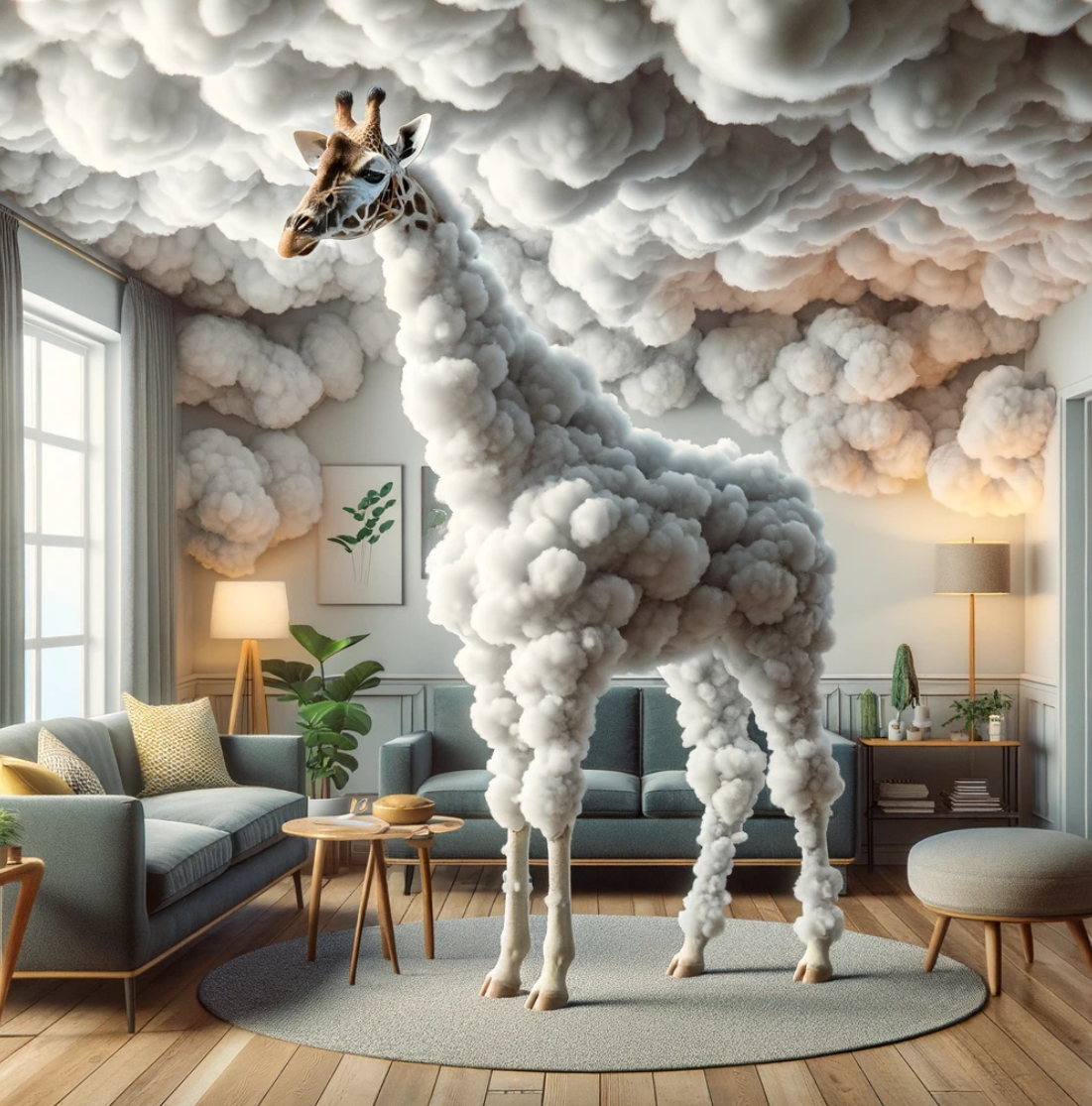 Ein mit KI erstelltes Bild, das eine Giraffe in einem Raum zeigt. Die Giraffe besteht aus Wolken. 