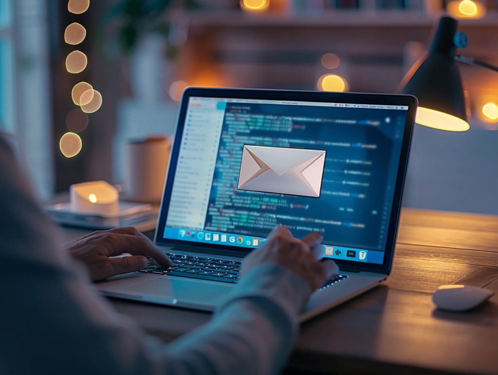 Eine Person arbeitet an einem Laptop in einer gemütlichen, abendlichen Umgebung, auf dem Bildschirm ist ein großes E-Mail-Symbol zu sehen