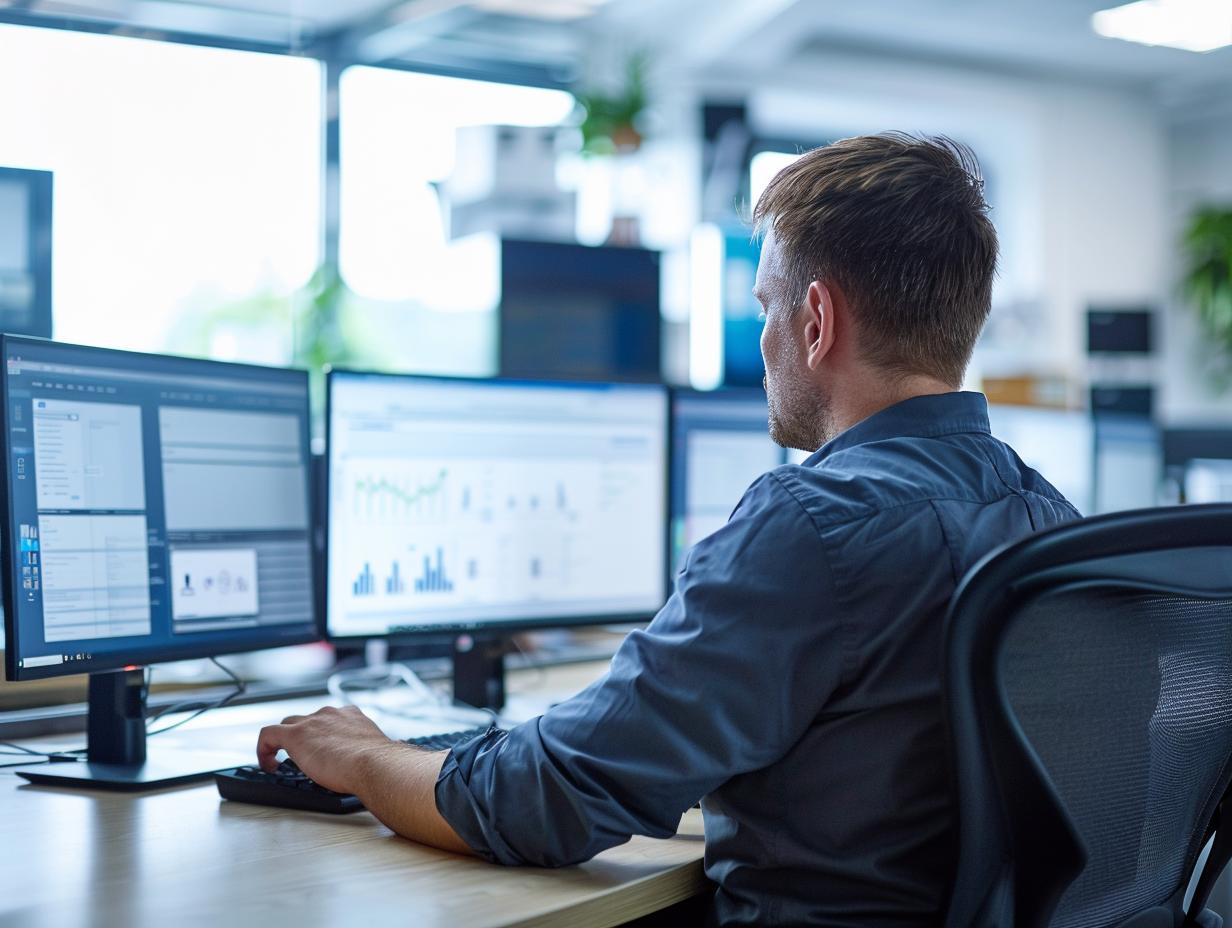 Ein Mann arbeitet konzentriert an zwei Computerbildschirmen in einem modernen Büro, auf denen Daten und Diagramme angezeigt werden