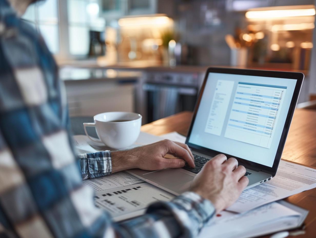 Ein Mann arbeitet von zu Hause aus an einem Laptop, umgeben von Dokumenten und mit einer Tasse Kaffee neben sich. Im Hintergrund ist eine moderne Küche zu sehen