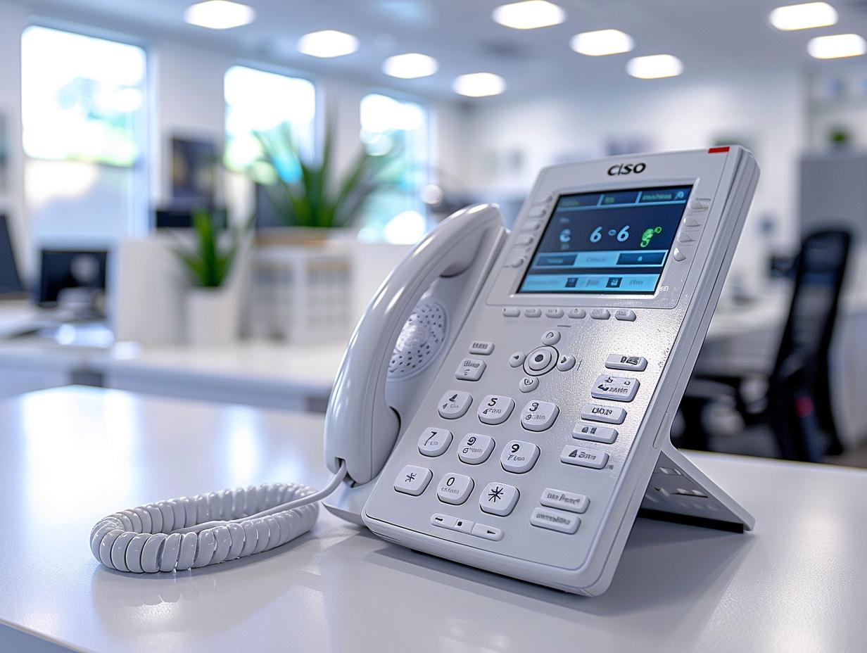 Ein modernes VoIP-Telefon auf einem Schreibtisch in einem hellen, modernen Büro. Das Display des Telefons zeigt verschiedene Informationen an