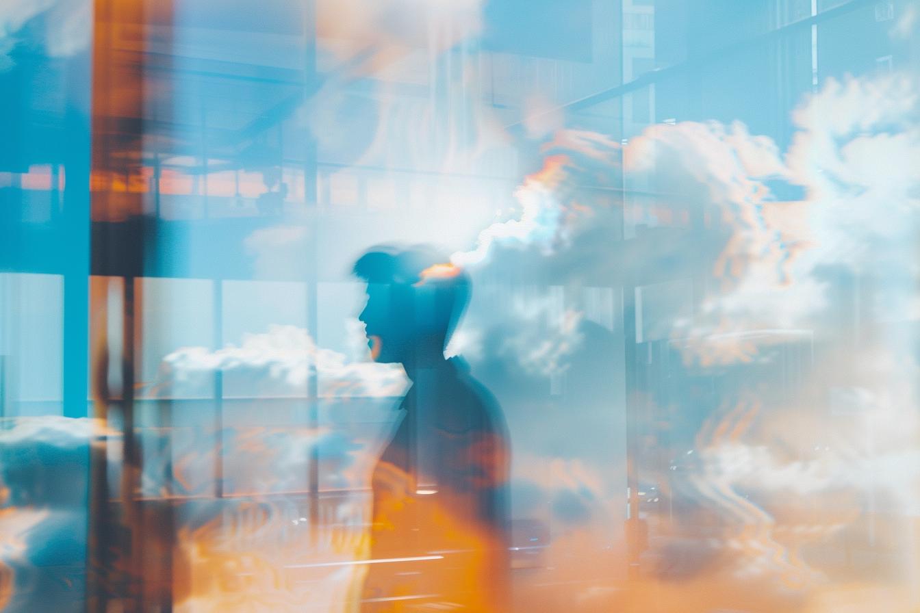 Eine Silhouette einer Person in einem modernen Büro, verwoben mit Wolken und bunten Lichtreflexionen, die eine verträumte und futuristische Atmosphäre schaffen