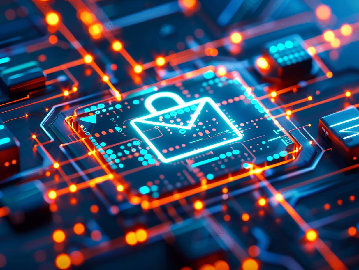 Eine grafische Darstellung eines digitalen Sicherheitssymbols auf einer leuchtenden Schaltkreisplatine, die Cybersecurity und Datenschutz symbolisiert
