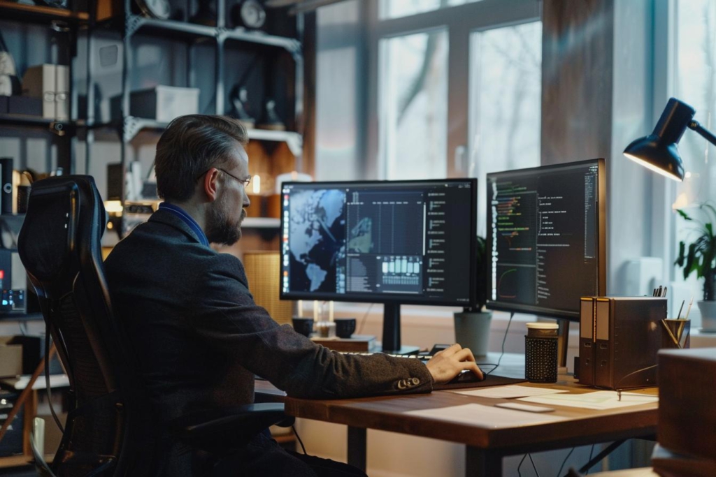 Ein Mann arbeitet konzentriert an zwei Computerbildschirmen in einem gut organisierten Büro mit Regalen im Hintergrund