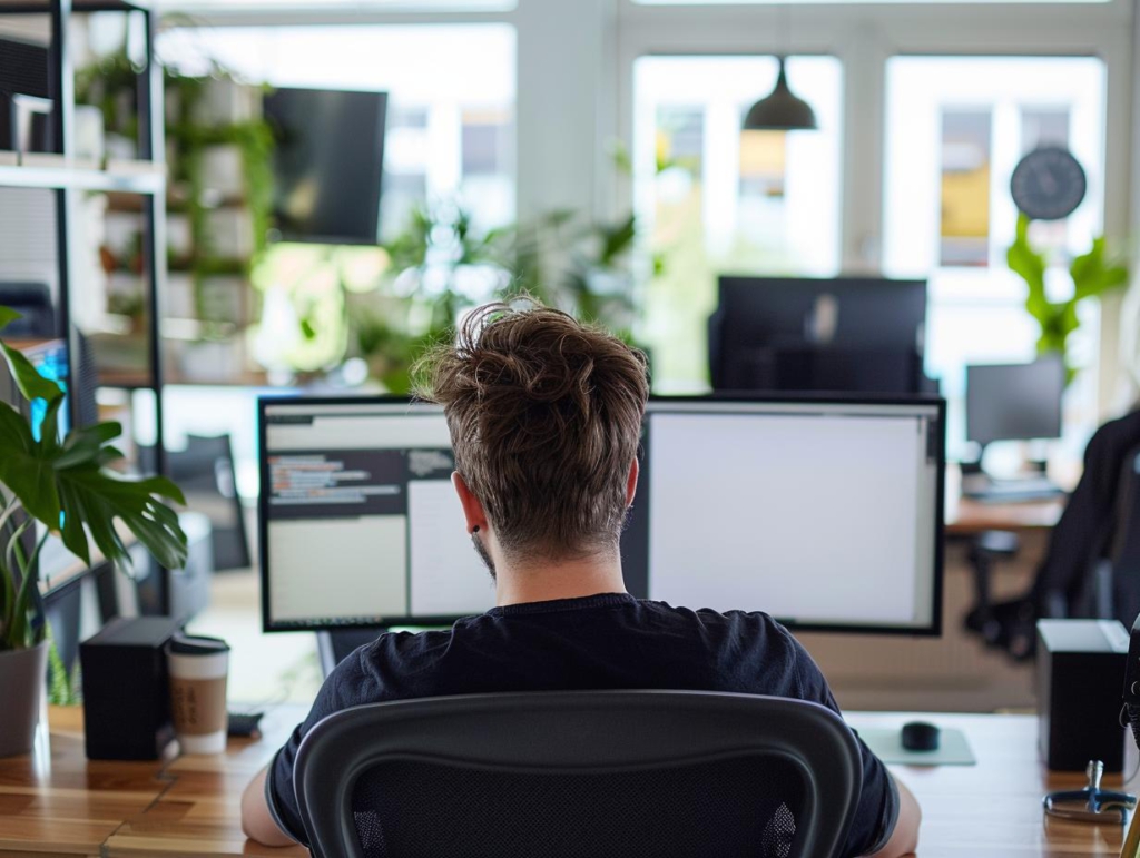 Ein Mann sitzt in einem modernen Büro vor zwei Computerbildschirmen und arbeitet konzentriert. Im Hintergrund sind Pflanzen und weitere Arbeitsplätze zu sehen