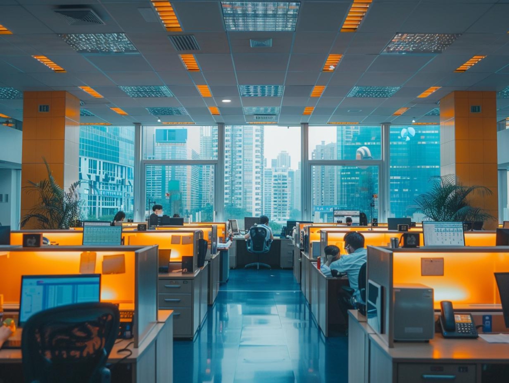 Ein großes, modernes Büro mit mehreren Arbeitsplätzen, an denen Mitarbeiter vor Computerbildschirmen arbeiten. Große Fenster bieten einen Blick auf städtische Hochhäuser im Hintergrund