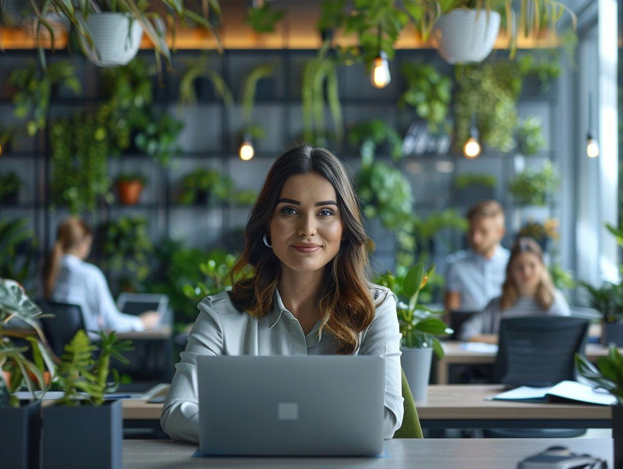 Eine lächelnde Frau sitzt an einem Schreibtisch mit einem Laptop in einem modernen Büro, das mit vielen Pflanzen dekoriert ist. Im Hintergrund arbeiten andere Kollegen