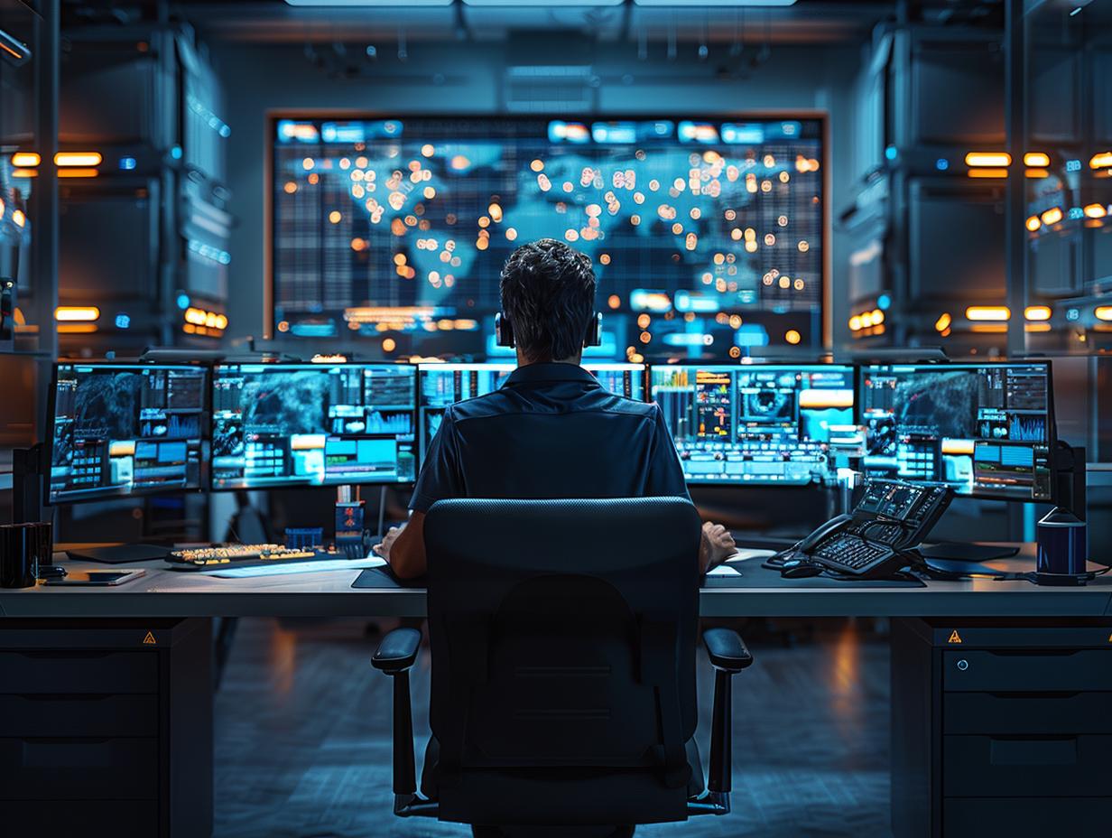 Ein Mann sitzt in einem modernen Kontrollzentrum vor mehreren Monitoren, die komplexe Daten und Weltkarten anzeigen, und überwacht die Systeme