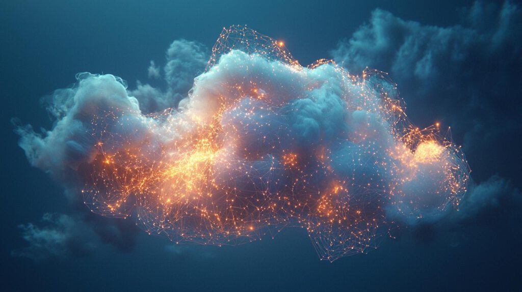 Darstellung eines Cloud-Backup-Netzwerks mit leuchtenden Datenströmen in einer Wolke, die den sicheren und vernetzten Datentransfer symbolisieren.