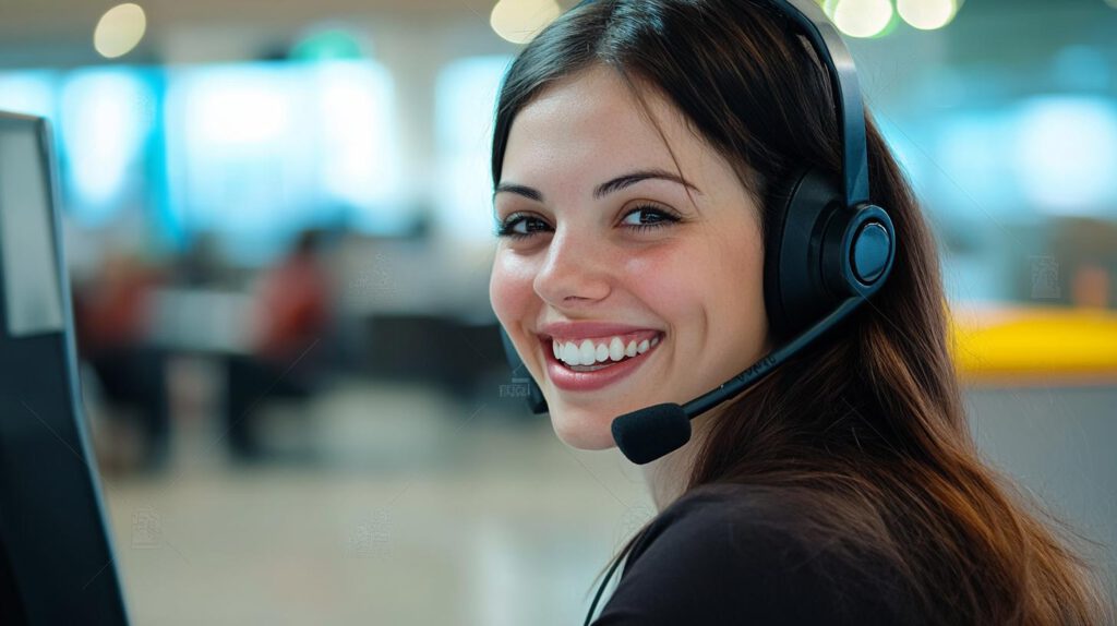 Lächelnde Frau mit Headset nutzt Teams-Telefonanlage zur professionellen Kommunikation.