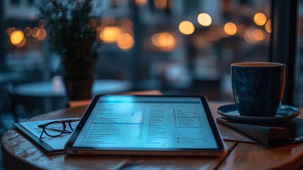 Tablet mit E-Mail-Anwendung, Lesebrille und Kaffeetasse in einem Café, symbolisierend die digitale Transformation durch die E-Rechnungspflicht ab 2025.