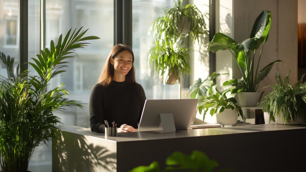 Green IT im Büro: Mitarbeiterin arbeitet energieeffizient am PC.