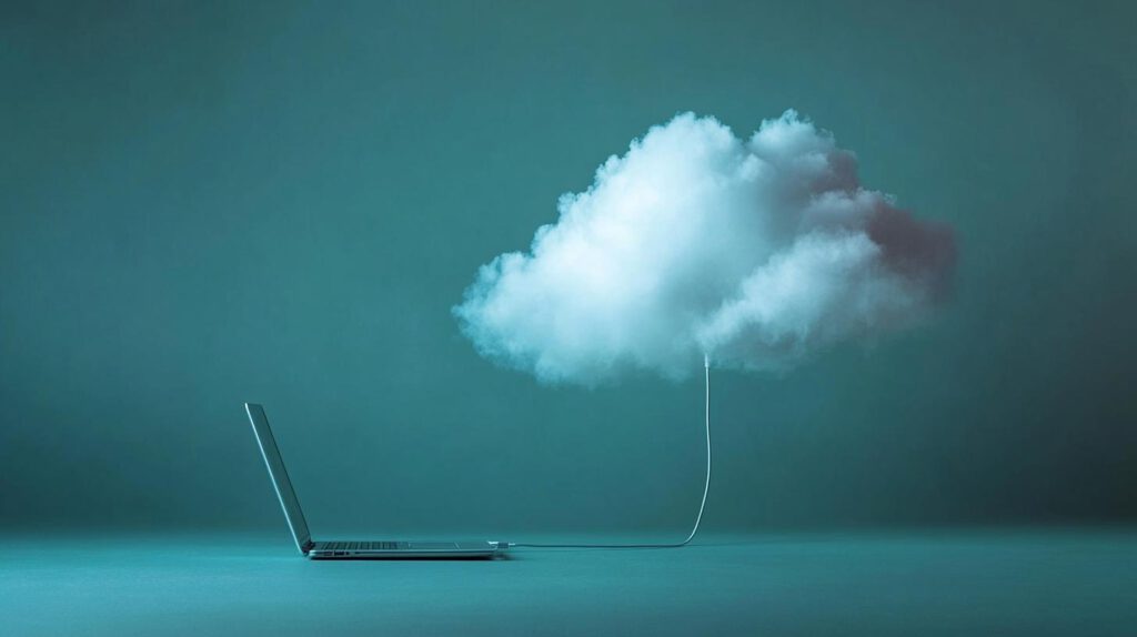 Laptop, verbunden mit einer Wolke, symbolisiert Cloud-Technologie und IT-Systeme.