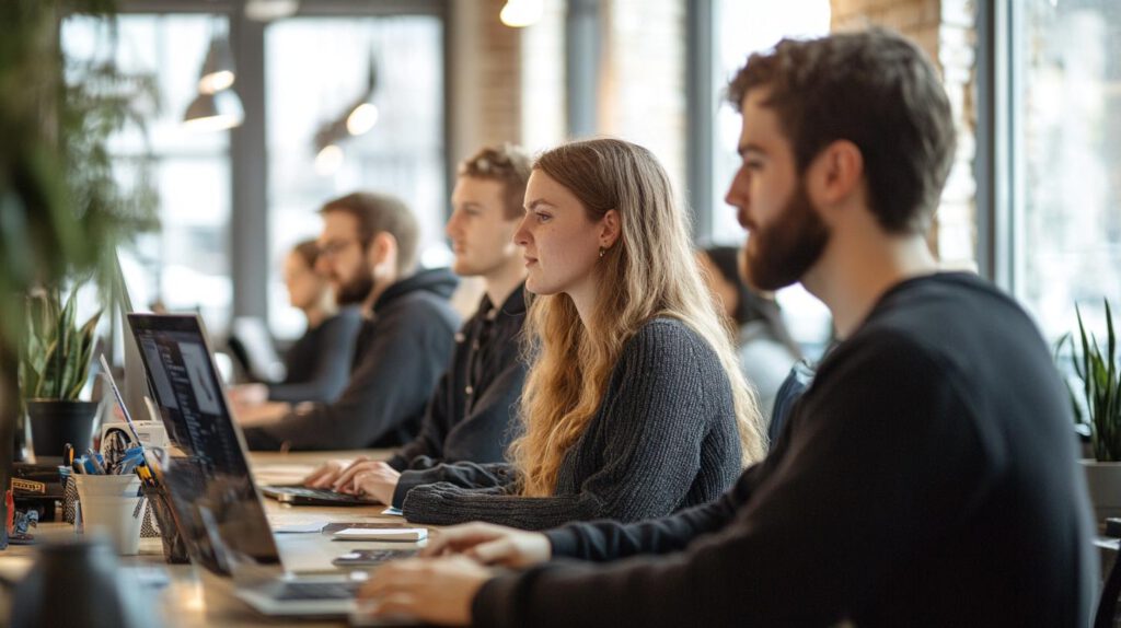 Büromitarbeiter überwacht skalierbare IT-Infrastruktur.