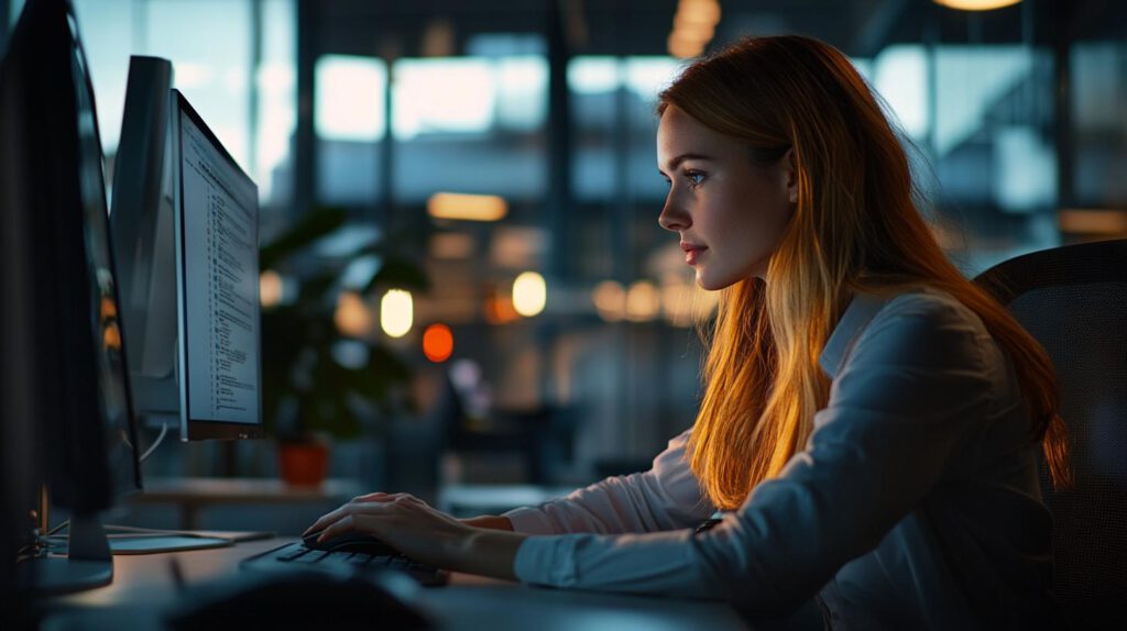 Frau überprüft IT-Sicherheit im Homeoffice.