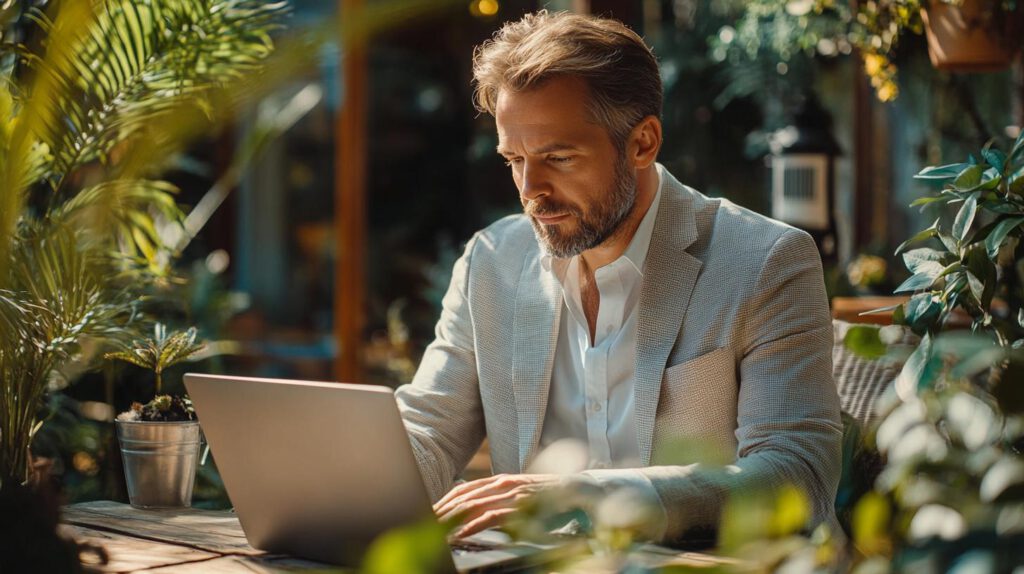 Geschäftsmann arbeitet konzentriert an einem Laptop in einem grünen, lichtdurchfluteten Outdoor-Setting – Symbol für IT-Anforderungen bei der Remote-Arbeit.