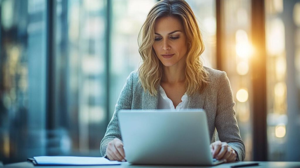 Geschäftsfrau arbeitet konzentriert an einem Laptop und überprüft einen Notfallwiederherstellungsplan in einem modernen Büro