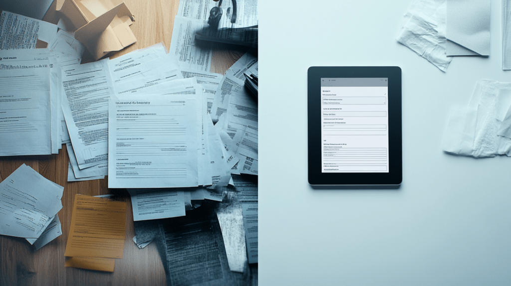 Links Papierstapel und rechts ein Tablet mit E-Rechnungen nach GoBD