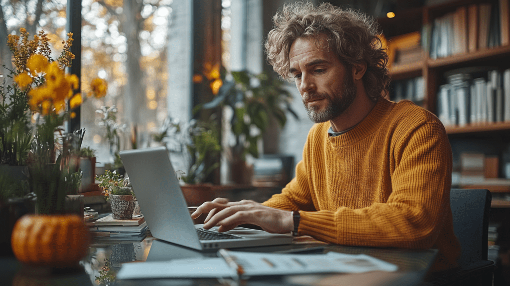 Büromitarbeiter arbeitet sicher remote am Laptop